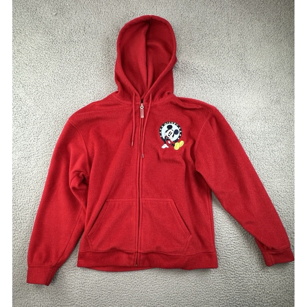 VTG Disney Mickey Mouse Hoodie Adult Medium Red Fleeze Zip Up Mickey Pep Squad